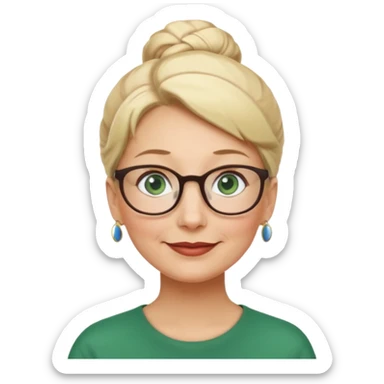 older teacher with blonde bun green eyes looking up and left and glasses full lips sticker