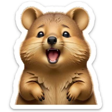 Cinematic Cute Yawning Quokka Portrait Emoji, Head tilted slightly with a dramatic, wide-open yawn, showcasing a soft, downy brown fur with a slightly droopy expression and eyes barely open in drowsy contentment, Simplified yet irresistibly adorable features, highly detailed, glowing with a soft, cozy glow, high shine, relaxed yet expressive, stylized with a touch of playful charm, bright and endearing, soft glowing outline, capturing the essence of a sleepy yet affectionate quokka, so drowsy it feels like it could stretch out of the screen and curl up for a nap! sticker