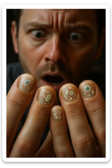 "Close-up macro shot of man's fingernails with transparent overlay showing dense colonies of bacteria, viruses, and parasites thriving in nail beds, millions of pathogens visible as glowing microscopic organisms, expression of shock as he examines his hands under magnification, nail debris containing more germs than toilet water, fingertips becoming mobile germ factories" sticker