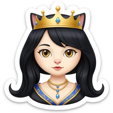 cat in royal queen attire, long flowing black wig sticker
