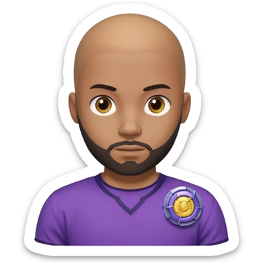um jovem negro, careca, com barba, com um olhar confiante e olhando para frente, usando uma camisa roxa mostrando o seu beyblade. sticker