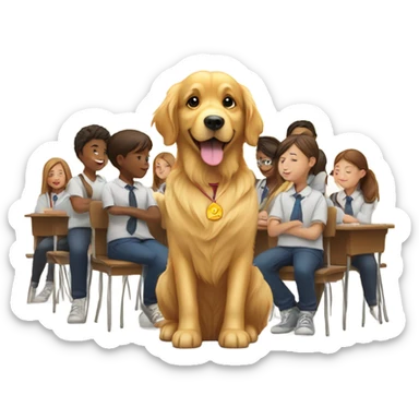 golden retriever sitting by school students and a teacher  sticker
