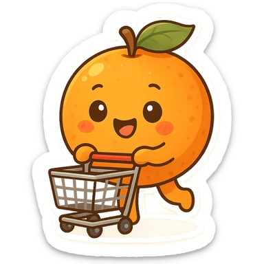 a cheerful orange with arms, holding a shopping cart, cartoon style sticker