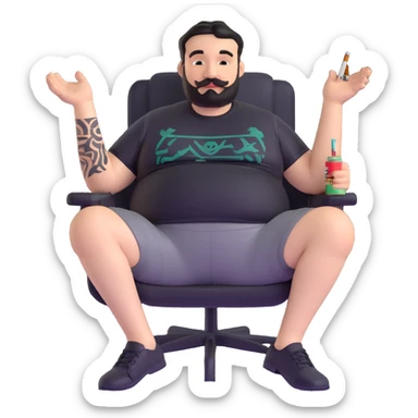 Big man relaxing in chair, legs spread wide, holding cigarette, round face, short black hair (not bald), short beard and mustache, black t-shirt with light stripes at top, exposed belly, black shorts, arms covered in black graphic tattoos with patterns visible on forearms and shoulders sticker