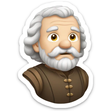Short pudgy old man over enthusiastic face bald forehead long wavy gray and brown hair moustache Shakespearean dress vintage clothes hamlet sticker
