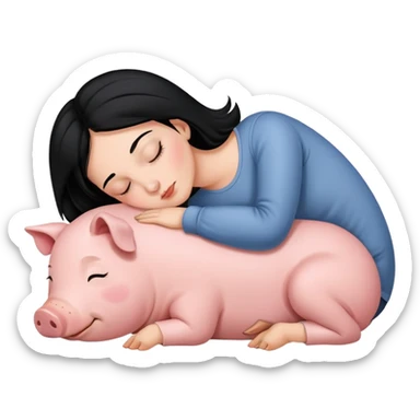 One Woman with Black hair is sleeping next to a pig sticker