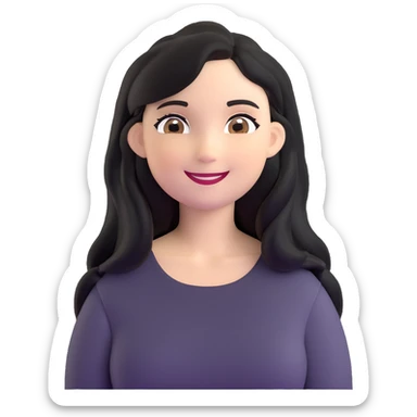white woman with rounded brown eyes, long black hair, black blouse, smiling expression sticker
