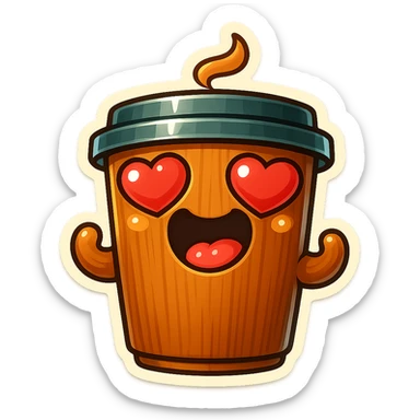 coffee cup creature, big heart eyes, dopey smile sticker