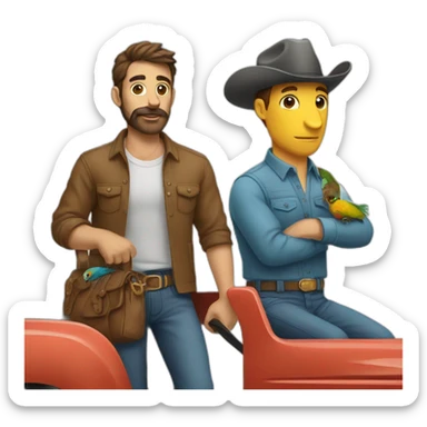 a bold man, a horse and a parakeet in a truck sticker