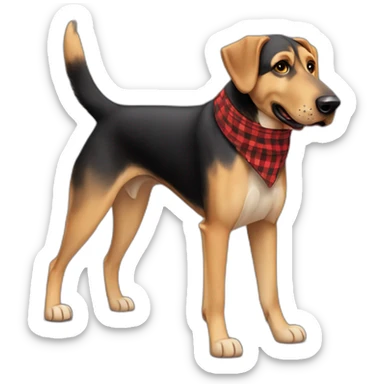 adult 75% Coonhound 25% German Shepherd mix dog with visible tail wearing small pointed red buffalo plaid bandana full body walking left quickly sticker