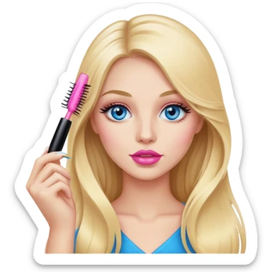 Blonde woman with long hair, blue eyes and pink lips holding mascara in her hands sticker