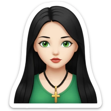 Girl, long black straight hair, green eyes, plump lips, cross necklace  sticker