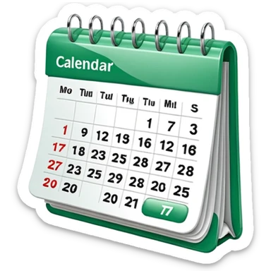 A glossy 3D icon of a clean digital calendar with green (#16A34A) accent highlights, floating pages, subtle shadows, and a modern SaaS-UI look. Soft reflections, rounded edges, friendly professional style. Represents scheduling and reservation management. sticker