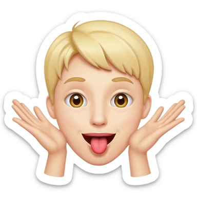 pessoa fazendo careta, com sorriso divertido, língua pra fora e mãos abertas próximas ao rosto sticker