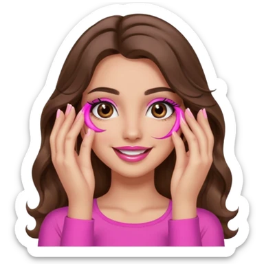 girl with long wavy brown hair, brown eyes, long lashes makeup, sexy pink lips, light to medium complexion, pink sexy top, smiling, hand covering eyes sticker