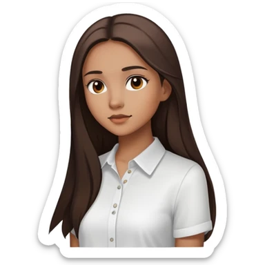 Feminine girl with light brown skin, dark straight long hair and dark eyes, wearing a white shirt, profile picture style sticker