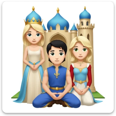 Man as prince, upright, black Hair, blue eyes, woman, blonde, green eyes, shott white sleveless Dress, kneeling, background palace sticker