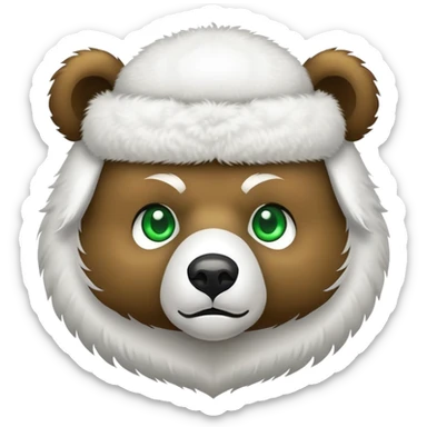 Adorable bear head with bright green eyes, white fluffy ushanka with clean simple Russian double-headed eagle emblem, minimalist iOS emoji style sticker