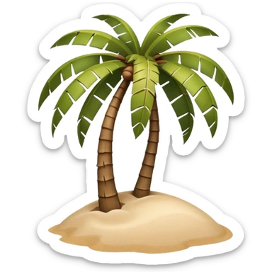 A 3D cartoon coconut palm tree with coconuts near the top and a sandy base, tropical light setting, Memoji-style realism. sticker