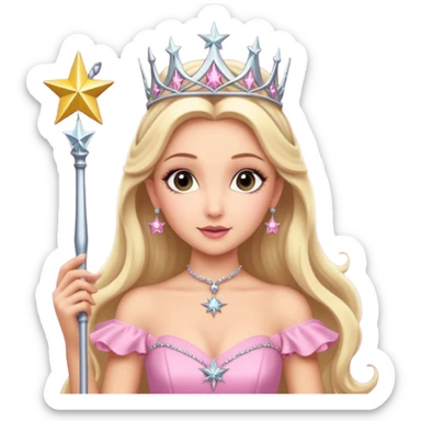 glinda the good witch from wicked movie (ariana grande) blonde hair, beautiful, big silver thin tiara, star wand, pink gown sticker