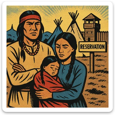 A native American family in the 1860s on reservation land in the American West. In the background are tepees, an American Army wooden fort and a wooden sign which says RESERVATION sticker