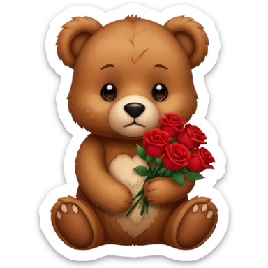 Cute bear with sad puppy dog eyes holding roses  sticker
