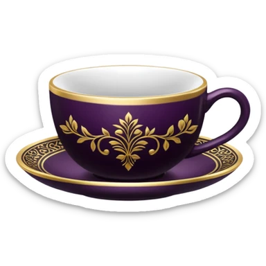  realistic modern day dark plum color expensive tea cup with black and 14k gold pattern print sticker