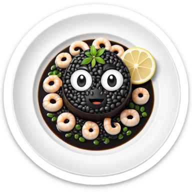 cinematic-realistic-black-risotto-dish-emoji,-showcasing-small squid pieces in black sauce -rendered-with-bold-textures-and-dynamic,-dramatic-lighting in a white plate with a grilled lemon on top sticker