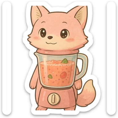 a soft, pastel pink fox as a blender, with a transparent body showing a fruity smoothie inside, sparkling eyes, full-body sticker