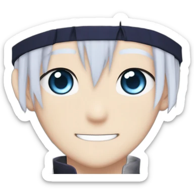 Satoru Gojo with his blue eyes,long medium white hair, a big friendly smile, dark violet uniform from jujutsu kaisen sticker
