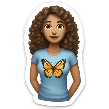 Spanish woman with long curly brown hair wearing a butterfly T-shirt  sticker
