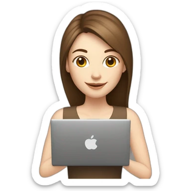 Smiling pale skin woman with middle brown straight hair holding a laptop and a coffee mug on her right hand not full body shot sticker