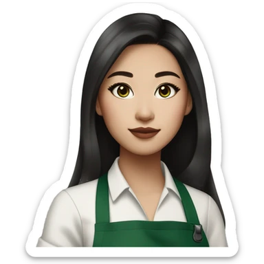 Beautiful and fashionable half white half asian (wasian) starbucks barista with green apron, long dark brown hair, cat eye makeup, light pink glossy lips and blush sticker