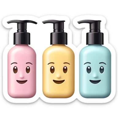 emoji of three different beauty products, with brand labels, minimalistic but luxury design (realistic), pastel colors sticker