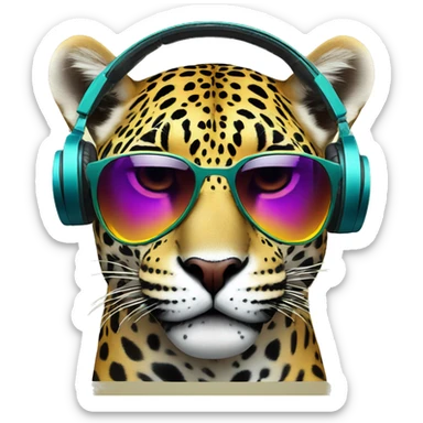 striking jaguar dj, emoji head, looking forward, wearing reflective sunglasses, wearing colorful big over-ear headphones on top of head sticker
