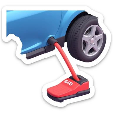 A simple 2D emoji-style illustration of a right foot pressing down on a car gas pedal. The pedal is labeled with “GO” and motion lines show acceleration. Bright, clean cartoon style with clear shapes and bold colors. sticker