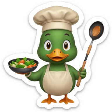 A duck holding a frying pan with sizzling vegetables, wearing green apron sticker