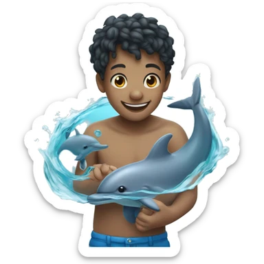 smiling boy in water holding hands with dolphin sticker