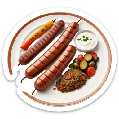 Cinematic Realistic image of a long, sausage-shaped Turkish Köfte, rendered with richly spiced meat textures and subtle grill marks, artfully arranged on a traditional Turkish ceramic plate alongside classic sides such as a serving of aromatic pilaf, crisp grilled vegetables, and a dollop of creamy yogurt, all bathed in warm, appetizing lighting that emphasizes its savory allure. sticker