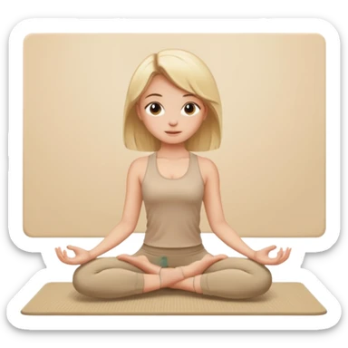 Blonde girl sitting on a beige rug doing yoga, beige clothes sticker