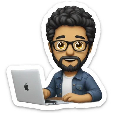 Designer with black hair, beard and glasses working with MacBook and eating ketchu bottle sticker