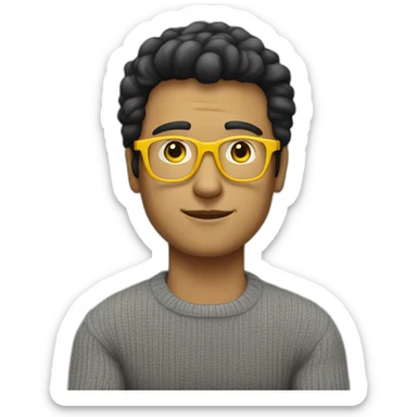 White man with yellow tinted glasses and black hair in a gray jumper and sitting on a chair sticker