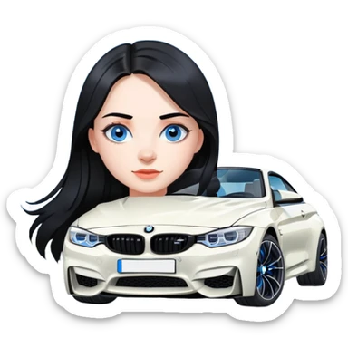 Make a cute Russian girl with black hair and blue eyes with a BMW m4 sticker