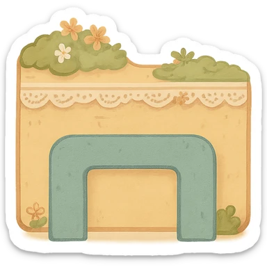 A whimsical File Explorer icon in matching cottagecore style: folder with blue arch, covered in moss, tiny flowers, and lace, rustic and homey, no text, transparent background. sticker