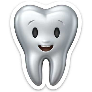 human tooth emoji, smooth chrome ceramic-metal texture, clean medical luxury aesthetic, isolated on white sticker