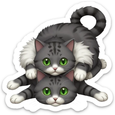 solid dark grey cat with green eyes, completely solid grey face, white toes/paws playing rolling upside down sticker