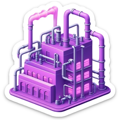 AI-powered factory. It should be a building with pipes. Add light violet neon glowing symbolizing power of AI sticker