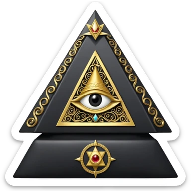 wide big iron black Illuminati throne with gold filigree, pyramid and all-seeing eye symbol in the center sticker