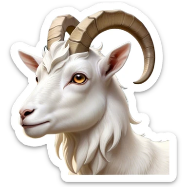 Cinematic Noble White Goat Portrait Emoji, Poised and regal, with a sturdy, agile build and a pristine, smooth white fur accented by gracefully curved horns, deep-set soulful dark eyes, Simplified yet sharp and sophisticated features, highly detailed, glowing with a soft, dignified glow, high shine, intelligent and spirited, stylized with an air of pastoral elegance, focused and attentive, soft glowing outline, capturing the essence of a watchful and confident goat, so majestic it feels as though it could leap out of the screen with effortless authority! sticker