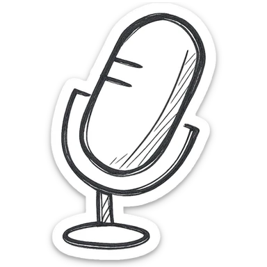 Microphone for sound recording icon, hand drawn, black outlines, no fill, simple and clean, angled view sticker